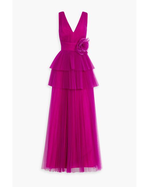 Zac Posen Pink Tiered Floral-appliquéd Tulle Gown