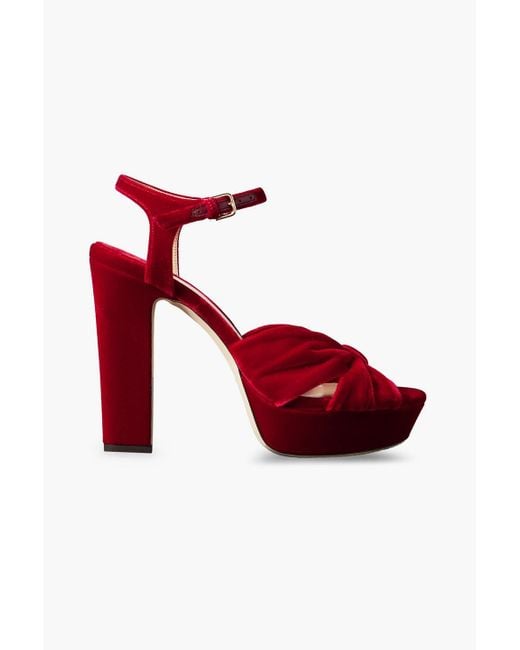 Jimmy Choo Red Heloise 120 Knotted Velvet Platform Sandals