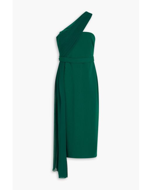 Badgley Mischka Green One-shoulder Draped Georgette And Stretch-crepe Midi Dress
