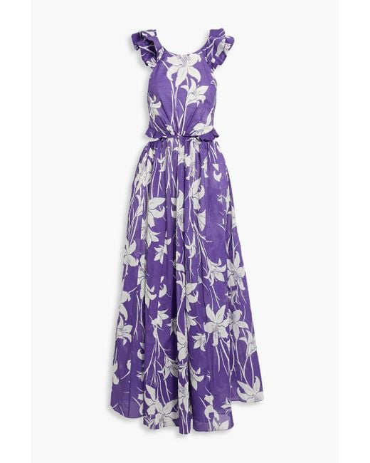 Zimmermann Purple Ruffled Cutout Floral-print Cotton-voile Maxi Dress