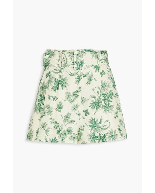 Sandro Green Leman Belted Printed Linen-blend Shorts