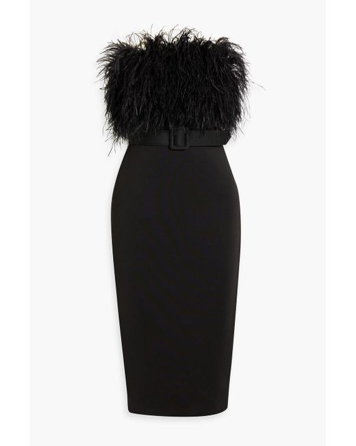 Badgley Mischka Black Strapless Feather-embellished Ponte Midi Dress