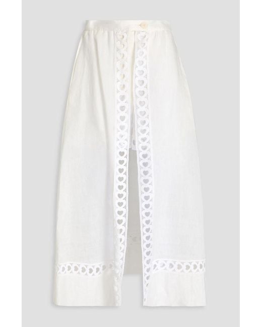 Sandro White Crochet-Trimmed Linen-Blend Midi Skirt