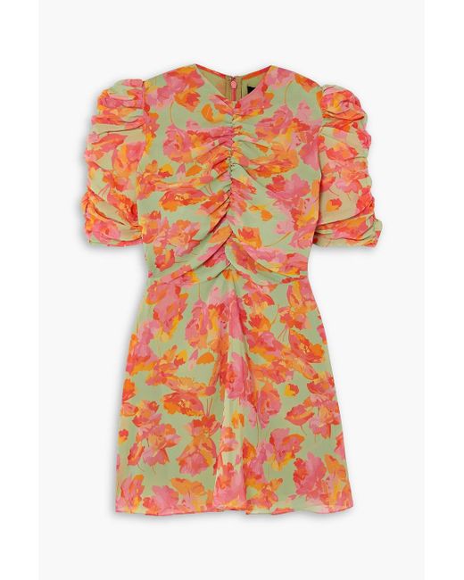 De La Vali Orange Bambi Ruched Floral-print Georgette Mini Dress