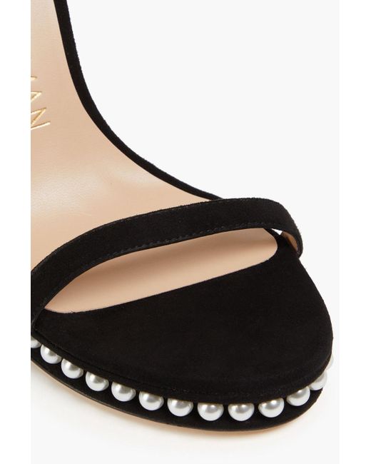 Stuart Weitzman Black Faux Pearl-embellished Suede Sandals