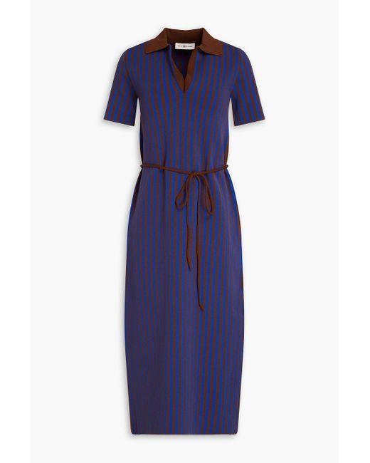 Tory Burch Blue Belted Striped Jacquard-knit Midi Dress