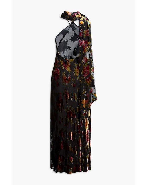 Rixo Black Hayley Draped Devoré-Velvet Midi Dress