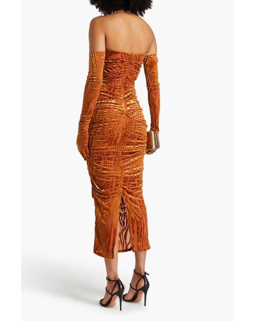 Alex Perry Orange Strapless Devoré-velvet Midi Dress