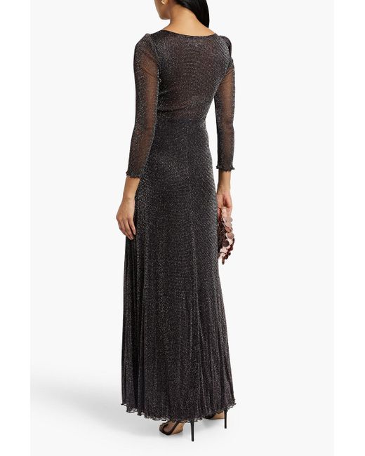 Diane von Furstenberg Black Gael Pleated Metallic Mesh Maxi Dress