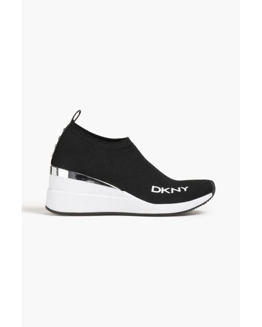 DKNY Logo-print Stretch-knit Wedge Sneakers in Black | Lyst UK
