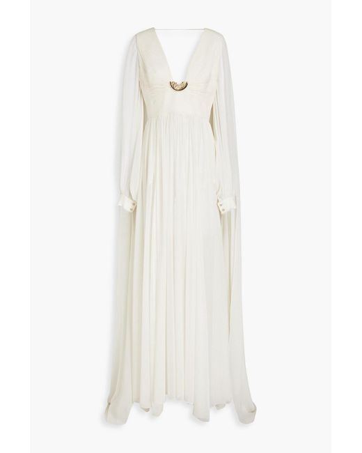 Elie Saab Embellished Pintucked Silk Crepe De Chine Gown in White | Lyst