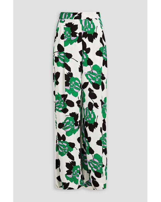 Diane von Furstenberg Green Brianna Floral-print Crepe Wide-leg Pants