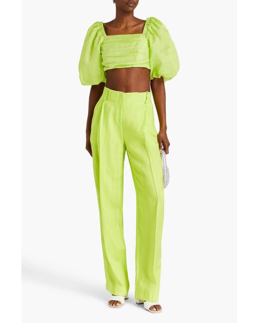 Sandro Green Cropped Pleated Linen-blend Gauze Top