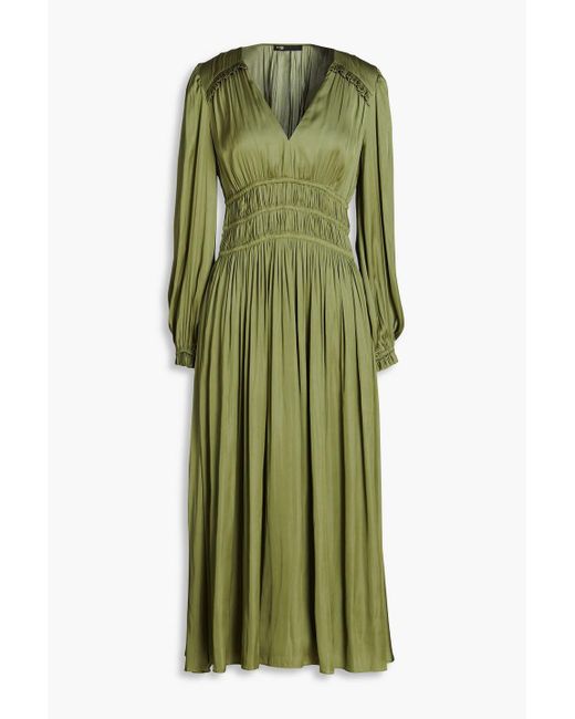 Maje Green Shirred Satin Midi Dress