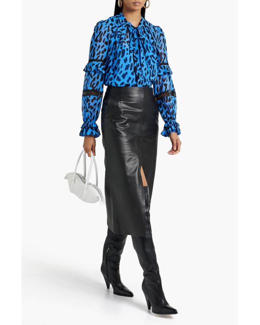 Diane von Furstenberg Blue Arlington Ruffled Leopard-print Chiffon Blouse