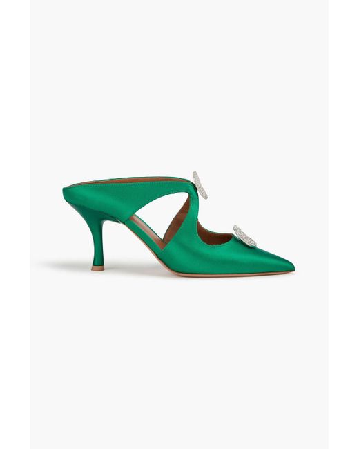 Malone Souliers Green Tina 70 Crystal-embellished Satin Mules