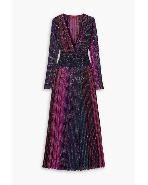 Missoni Purple Sequin-embellished Striped Ribbed Silk-blend Maxi Dress