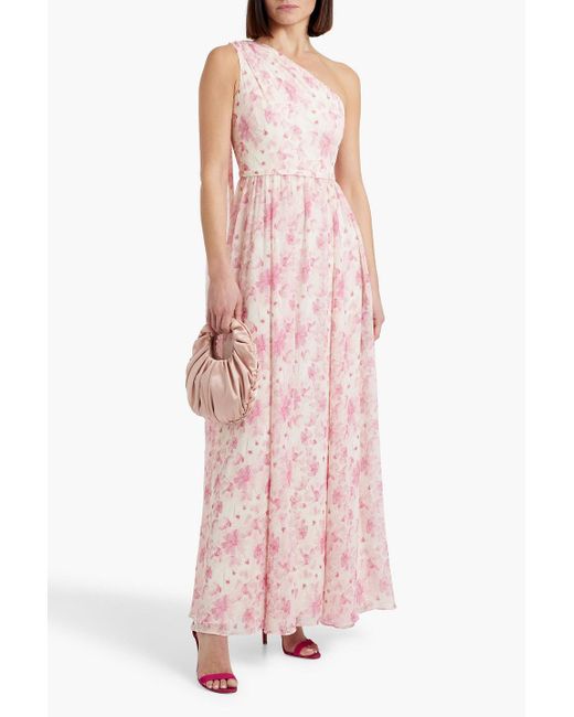 Mikael Aghal Pink Maxikleid aus chiffon mit floralem print und asymmetrischer schulterpartie