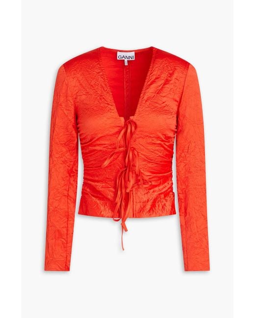 Ganni Red Ruched Crinkled-satin Cardigan