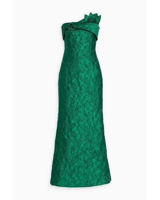 Badgley Mischka Green Strapless Floral-Appliquéd Jacquard Gown