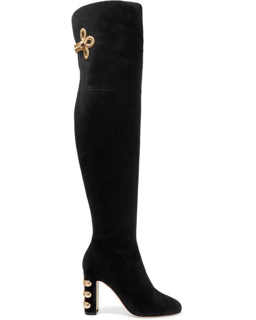 Dolce & Gabbana Black Embellished Suede Over-the-knee Boots
