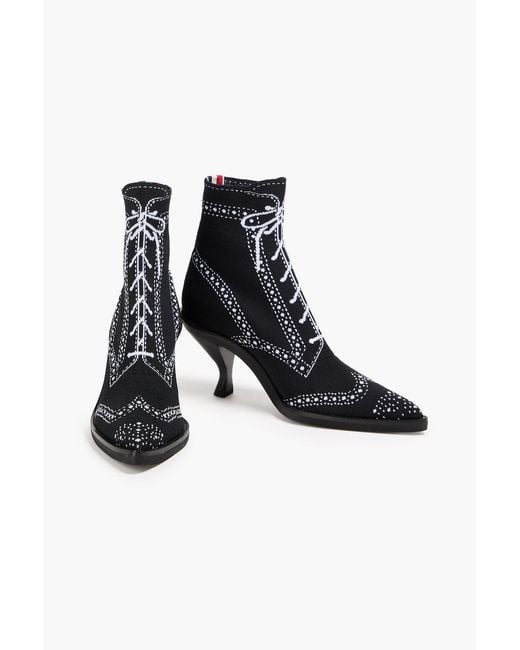Thom Browne Black Leather-Trimmed Printed Knitted Sock Boots