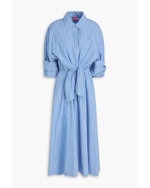 Staud Blue Lisa Knotted Striped Cotton-blend Midi Shirt Dress