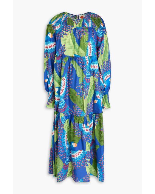 Farm Rio Blue Tiered Printed Cotton-poplin Midi Dress