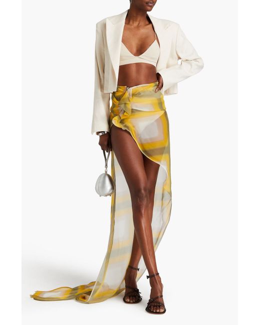 Rick Owens White Asymmetric Ruffled Printed Chiffon Maxi Skirt