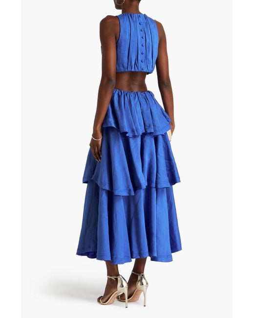 Aje. Blue Embellished Tiered Cutout Linen-blend Midi Dress
