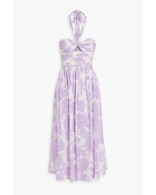 AMUR Purple Selina Floral-print Fil Coupé Chiffon Halterneck Midi Dress