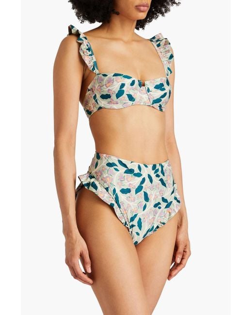 Agua Bendita Blue Kiwi Ruffled Floral-print Underwired Bikini Top