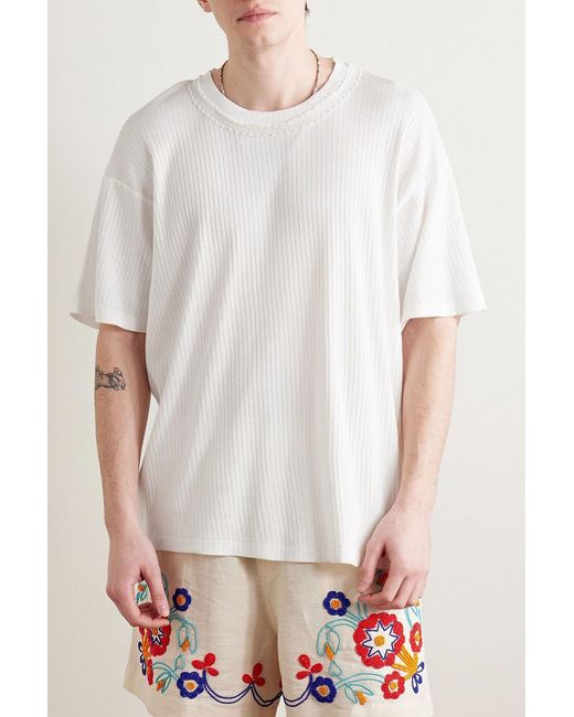 Bode White Marsh Embellished Tulle-Trimmed Ribbed Cotton-Jersey T-Shirt for men