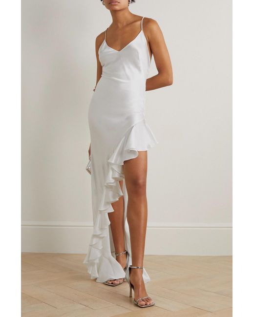 Michael Lo Sordo White Asymmetric Open-back Ruffled Crystal-embellished Silk-satin Gown