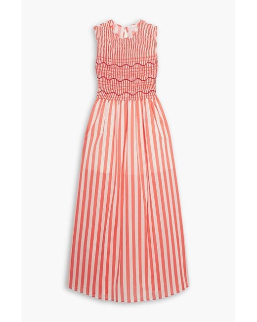 Loretta Caponi Gioia Embroidered Striped Cotton-poplin Maxi Dress