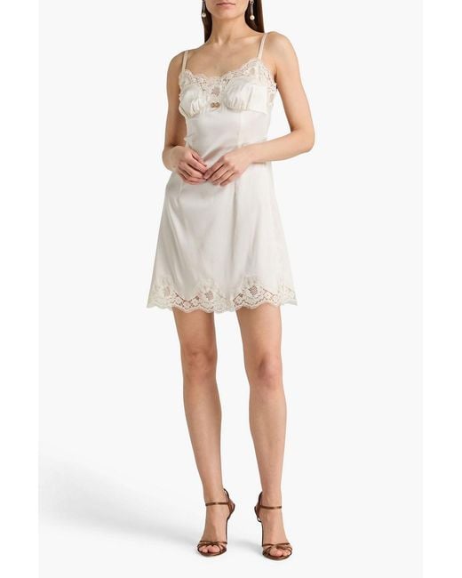 Dolce & Gabbana White Lace-Trimmed Silk-Blend Crepe De Chine Mini Dress