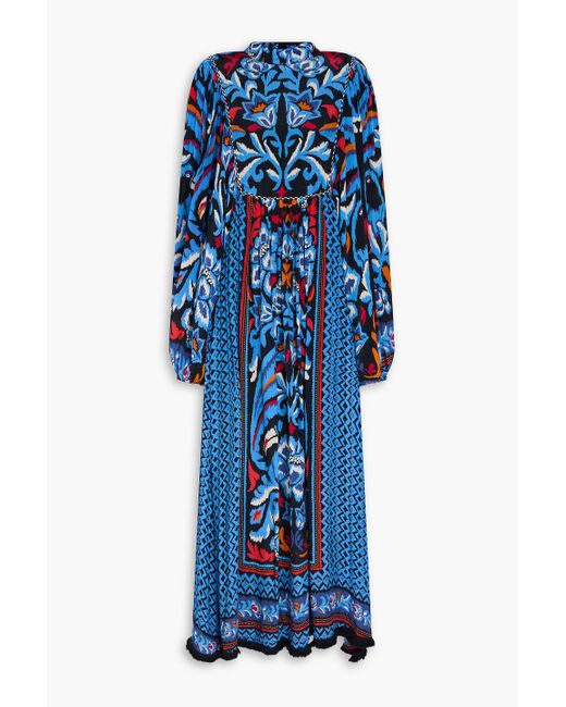 Farm Rio Blue Gathered Printed Crepe De Chine Maxi Dress