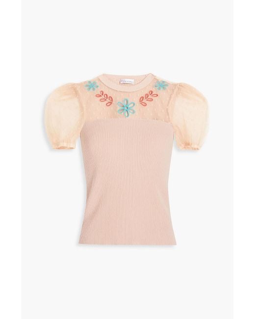 RED Valentino Pink Embroidered Point D'Esprit And Ribbed-Knit Top