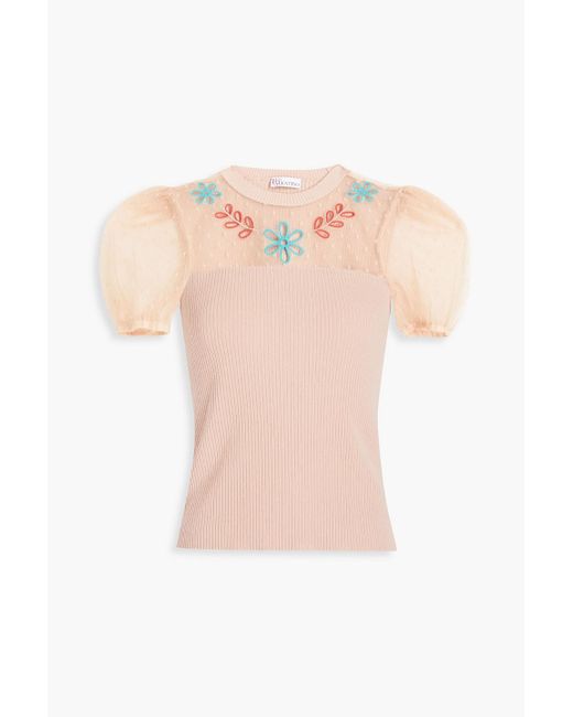 RED Valentino Pink Embroidered Point D'esprit And Ribbed-knit Top