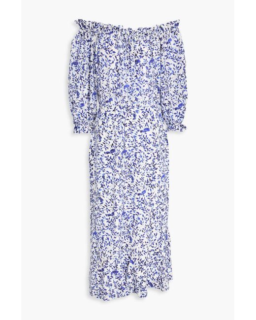 Saloni Blue Grace Polka-Dot Silk Crepe De Chine Midi Dress