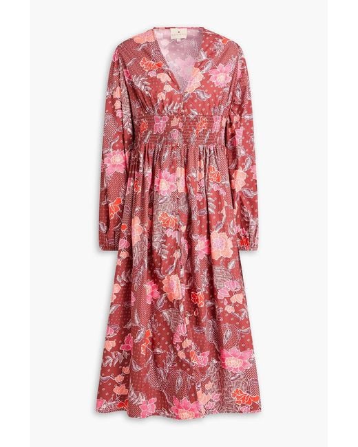 HANNAH Red Thea Floral-print Cotton-poplin Midi Dress