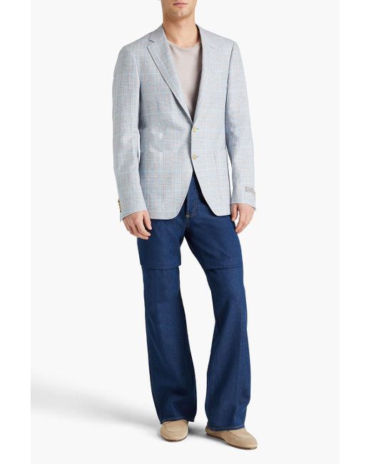 Canali Blue Checked Wool, Linen And Cotton-blend Blazer for men