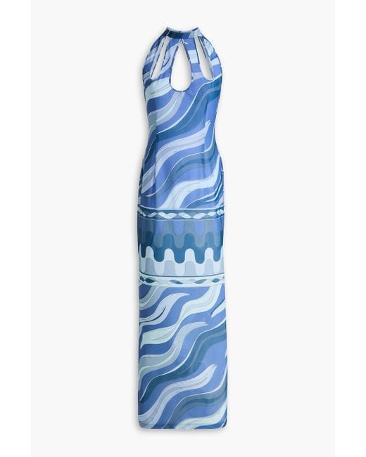 Emilio Pucci Blue Cutout Printed Stretch-mesh Maxi Dress