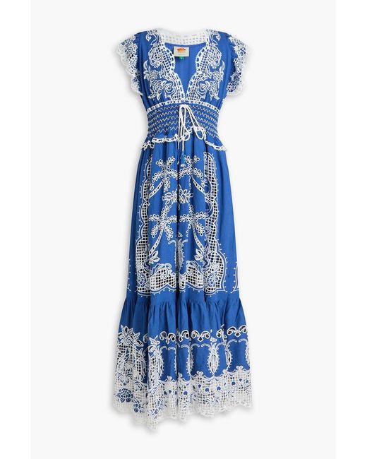 Farm Rio Blue Bead-embellished Linen-blend Macramé Lace Maxi Dress