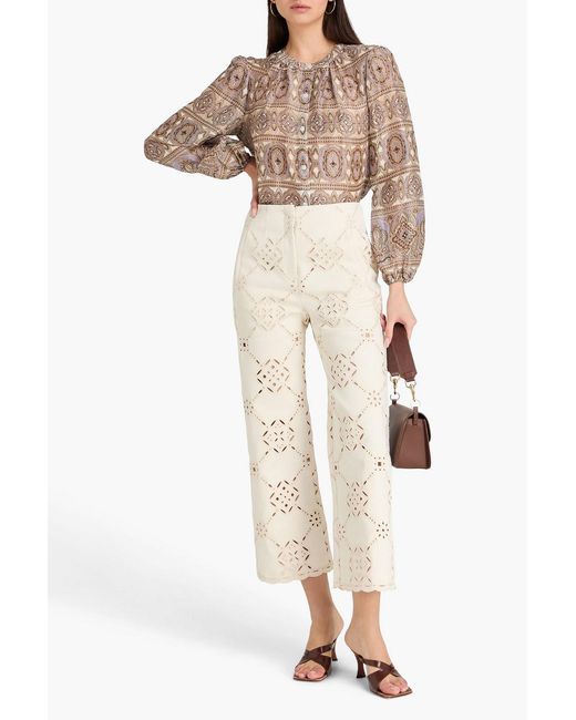 Veronica Beard Natural Dova Embroidered Cotton-Twill Straight-Leg Pants