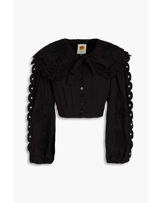 Farm Rio Black Pintucked Broderie Anglaise Cotton Shirt