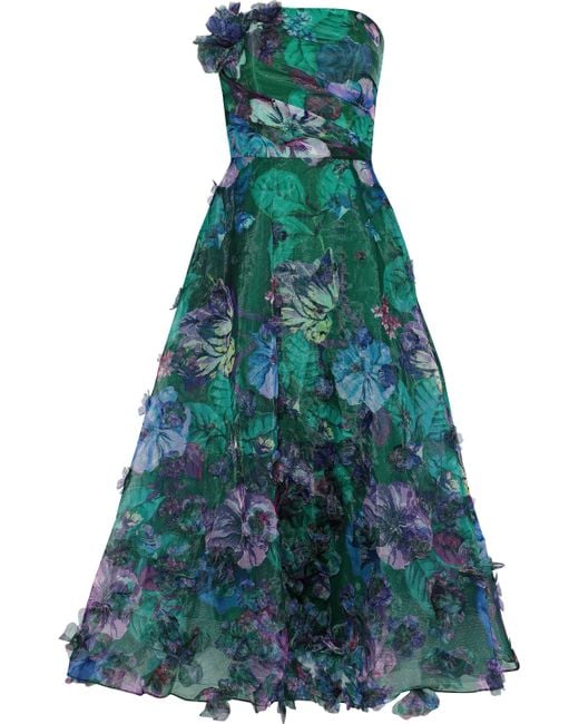 Marchesa notte Green Strapless Appliquéd Floral-print Organza Gown Emerald