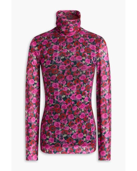 Ganni Red Floral-print Stretch-mesh Turtleneck Top