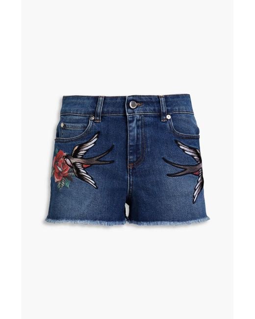 RED Valentino Blue Embroidered Faded Denim Shorts