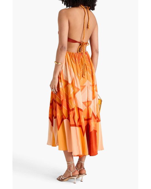FARM Rio Cutout Printed Satin-crepe Halterneck Midi Dress in Orange | Lyst  Canada
